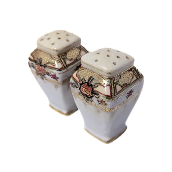 Vintage Hand Painted Salt & Pepper Shakers Gold Floral Square White Ceramic - Picture 4 of 9